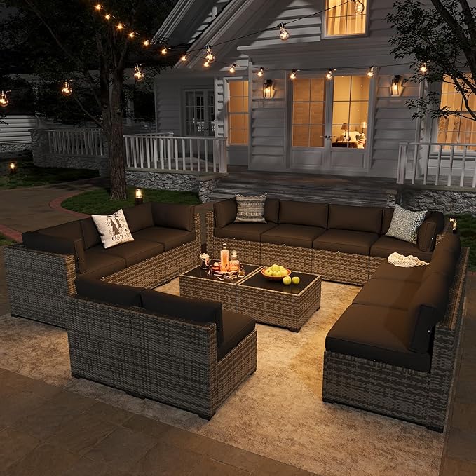 Aoxun Patio Furniture Sets, 14-Piece Outdoor Patio Furniture with 44'' Propane Gas Firepit Table, Wicker Outdoor Conversation Set Sectional Sofa for Backyard, Poolside, Garden