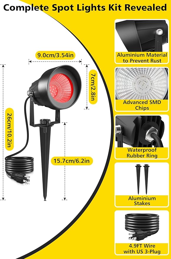T-SUN Red Spotlight Outdoor, Waterproof LED Landscape Lighting with US Plug, Easy Install 270° Adjustable Outdoor Spot Lights for Garden Tree Yard Decor