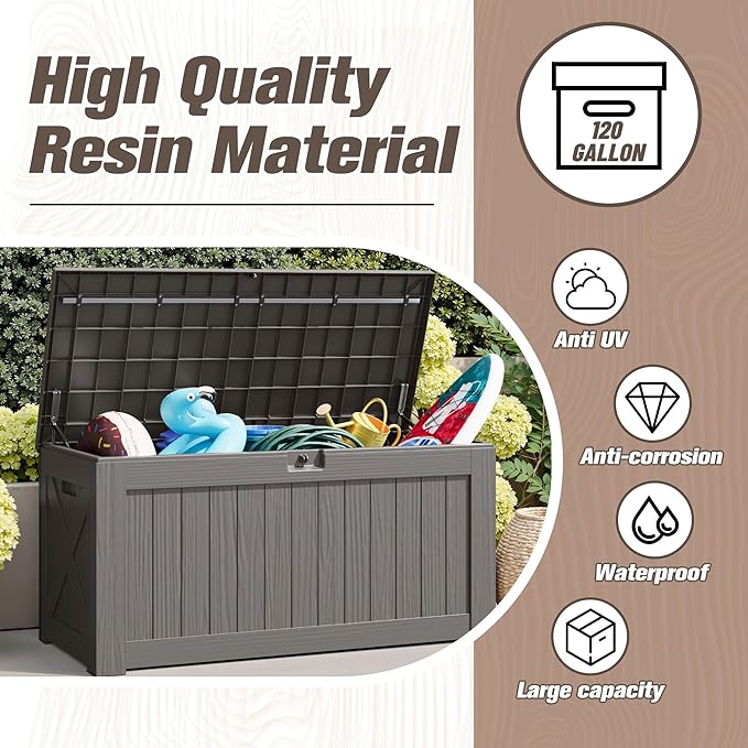JUMMICO 120 Gallon Resin Deck Box, Large Outdoor Storage Box Waterproof & Lockable for Garden, Patio, Pools (Light Brown)