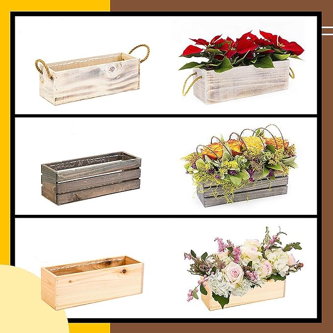Wooden Planter Box with Handle I Rustic Whitewash I Plastic Liner l Garden Decor l Restaurant and Wedding Decorations l Table Centerpiece (12x4 w Handle Set of 4, Whitewash)
