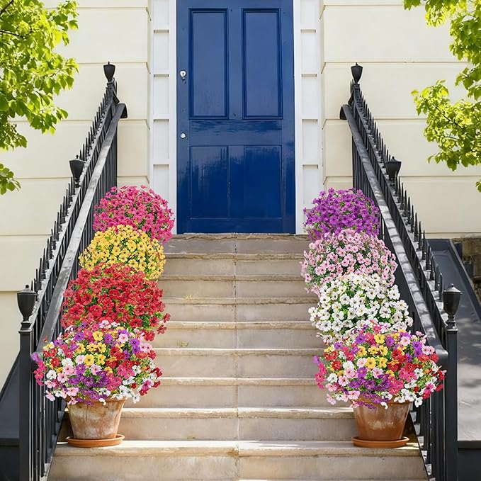Bassion Artificial Flowers for Outdoors, 24 Bundles UV Resistant Fake Flowers Realistic Silk Faux Plants for Outdoor Planter Window Box Porch Patio Garden Home Outside Decorations