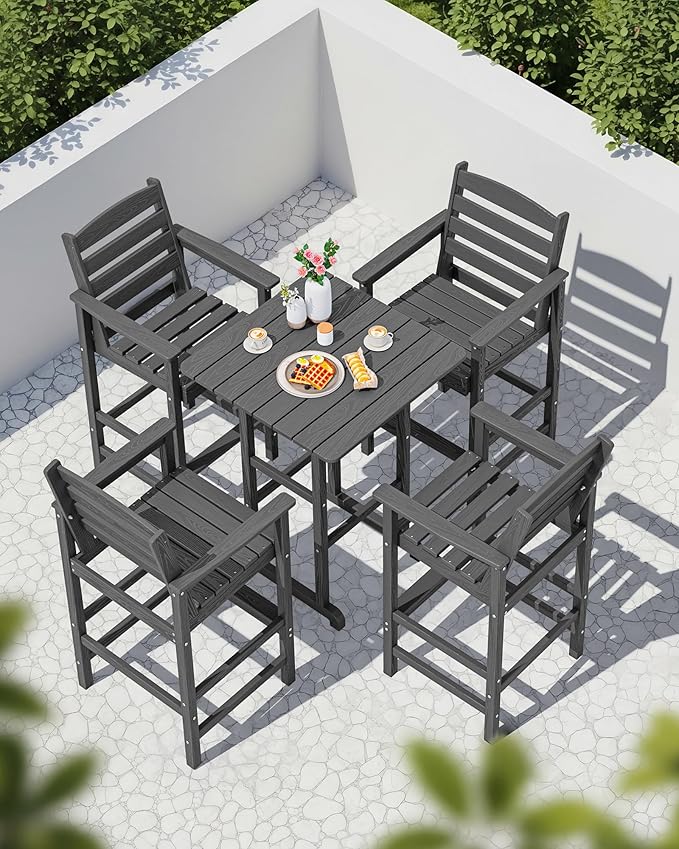 SERWALL 5 Pieces Outdoor Patio Bar Set, Tall Adirondack Bar Chair and Table Set, Gray
