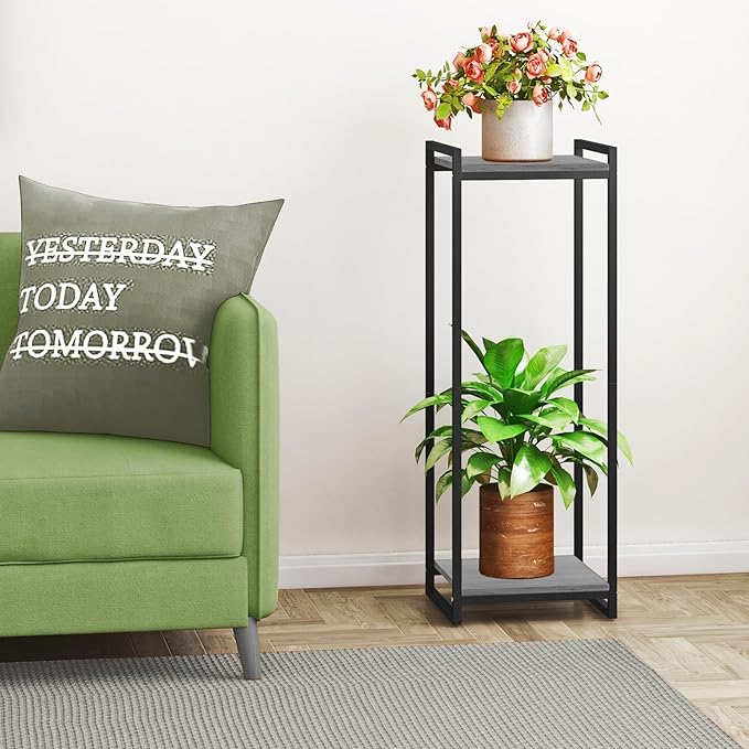 2-Tier Plant Stand Indoor, 34" Tall Modern Plant Shelf Corner Flower Pot Holder Organizer for Living Room Balcony Garden, Oak Grey