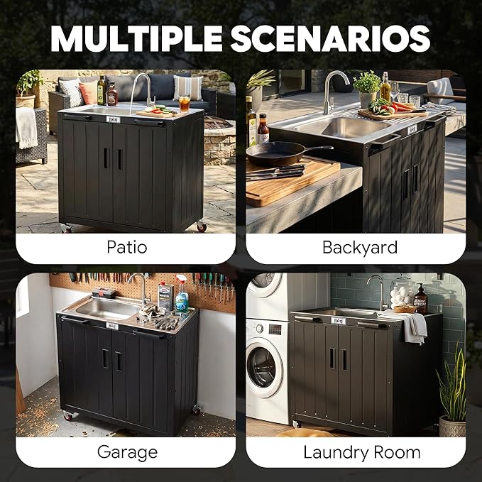 Outdoor Kitchen Island with Stainless Steel Sink and Storage Cabinet, 35-Inch BBQ Prep Station with Faucet & Lockable Wheels for Patio, Backyard, and Outdoor Cooking, Black & Silver