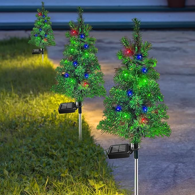 4PCS Solar Christmas Tree Garden Stake Lights Outdoor Waterproof Pathway Lights Xmas Tree Light for Lawn Patio Yard Front Porch Christmas Decor