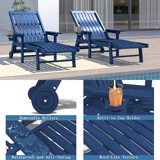 Patio Chaise Lounge Chair, Oversized Lounge Chair Outdoor with 5 Positions, HDPE, Patio Lounge Chair with Wheels & Cup Holder for Pool, Deck, Poolside,Navy Blue