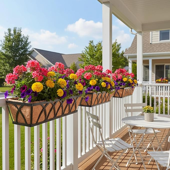 Window Deck Railing Planters Boxes with Coconut Liner, The Bottom Flat Window Boxes Planter Flower Boxes Metal Black Balcony Planters Railing Hanging for Outdoor Fence Porch Patio Lawn(2Pcs 30 Inch)