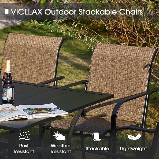 VICLLAX Patio Dining Set for 6, All Weather Metal Outdoor Furniture Set- 47" Round Patio Table and Chairs, Walnut Tabletop and Brown Fabric
