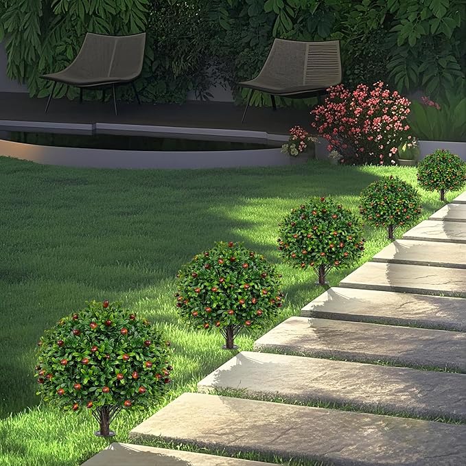2 Pack Artificial Olive Topiary Tree, Artificial Shrub Bushes with Ground Spike, Fake Evergreen Tree for Porch, Artificial Plants for Outdoor Planters Indoor UV Resistant