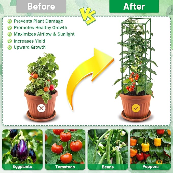 Legigo 4 Pack Square Tomato Cages for Garden- Up to 60 Inch Tomato Plant Support Stakes Cage, Heavy Duty Steel Tomato Trellis Garden Stakes for Raised Garden Bed Climbing Vegetables Cucumbers Flowers