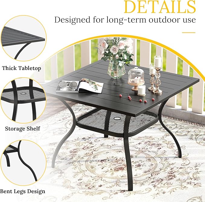 VICLLAX 5 Pieces Patio Dining Set, Outdoor Furniture Set Includes 1 Square Outdoor Table and 4 Stackable Patio Sling Chairs, Black Tabletop and Brown Fabric