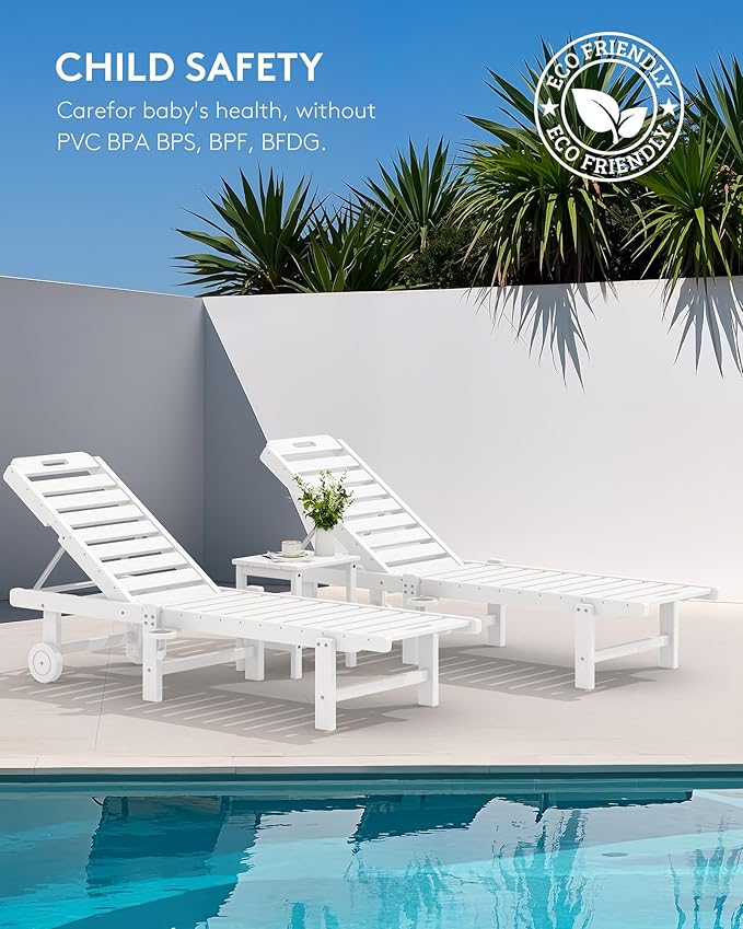SERWALL Patio Chaise Lounge Chair Set of 4, HDPE Outdoor Lounge Chair with Cup Holder, 5 Positions Adjustable Pool Lounger with Rolling Wheels for Poolside, Deck, Sunbathing, White