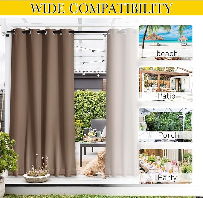 NICETOWN 2 Panels Weighted Blackout Curtains for Patio Waterproof, Top & Bottom Grommet & Back Tab Fixed Outdoor Curtains Windproof Drapes Thermal Insulated for Porch, W84 x L108, Tan