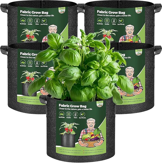 T4U 1 Gallon Grow Bags, Upgrade Grow Bags with Handles, Heavy Duty Thickened Nonwoven Fabric Pots, 1 Gallon Pots for Plants, Herb, Mint, Thyme (5 Pack)