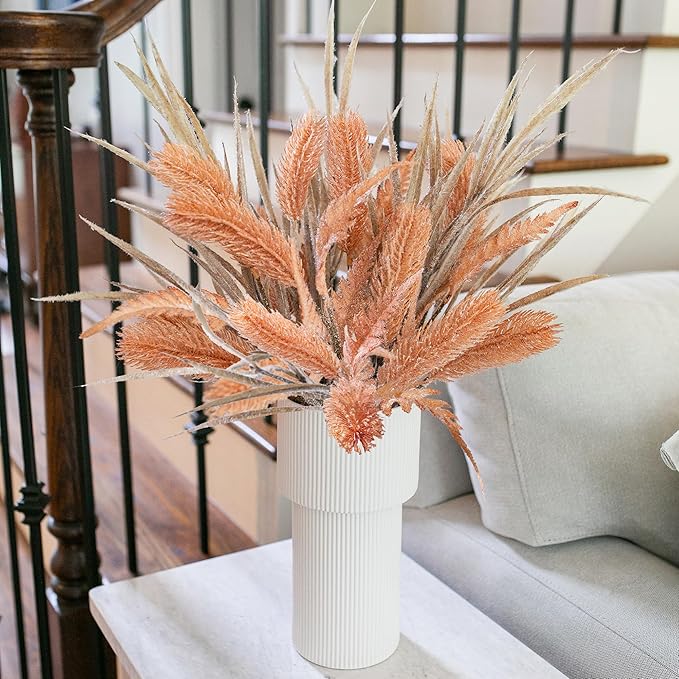 7 PCS Artificial Stems Fake Plants for Spring Summer Decor, 26 in Fake Leaves Greenery Branches Orange Silk Flowers Faux Foliage DIY Stems for Vase Home Kitchen Farmhouse Indoor Table Centerpiece
