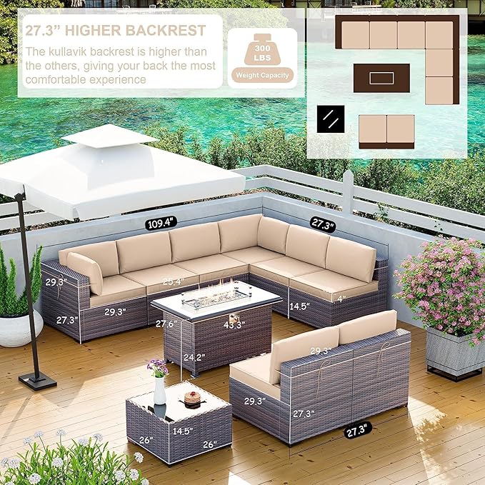 Kullavik 10 Pieces Outdoor Patio Furniture Set with 43" 55000BTU Gas Propane Fire Pit Table PE Wicker Rattan Sectional Sofa Patio Conversation Sets,Khaki