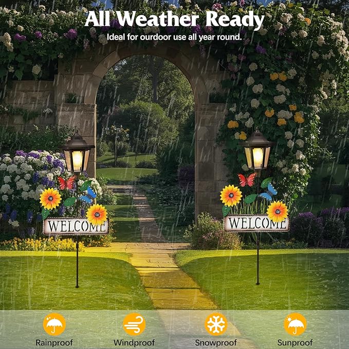 Lewondr Solar Garden Lights Butterfly, 37.4 Inch Solar Lamp Post Light with Welcome Sign & Butterflies, Outdoor Waterproof Solar Stake Lights for Yard Porch Patio Pathway Gardening Gifts, 2 Pack