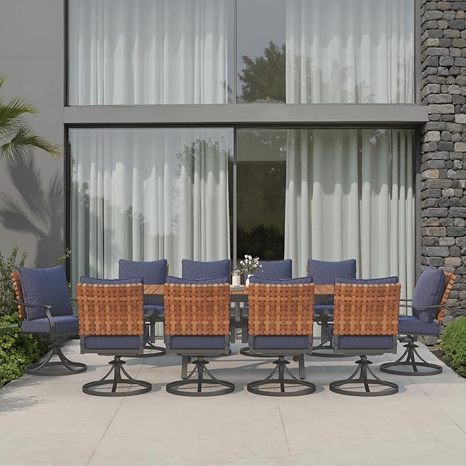 Grand patio 11-Piece Outdoor Dining Set, 10 Leather-Look Wicker Blue Swivel Patio Chairs & 1 Extendable Rectangular Dining Table, Brown