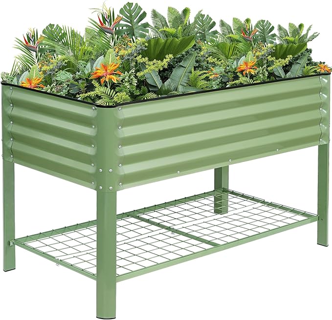Elevated Raised Garden Bed 2' x 4'- Galvanized Metal Planter Boxes with Legs & Storage Rack, Outdoor Planters for Backyard/Patio/Balcony, with Drainage Holes for Vegetables, Flowers, Herbs, Green