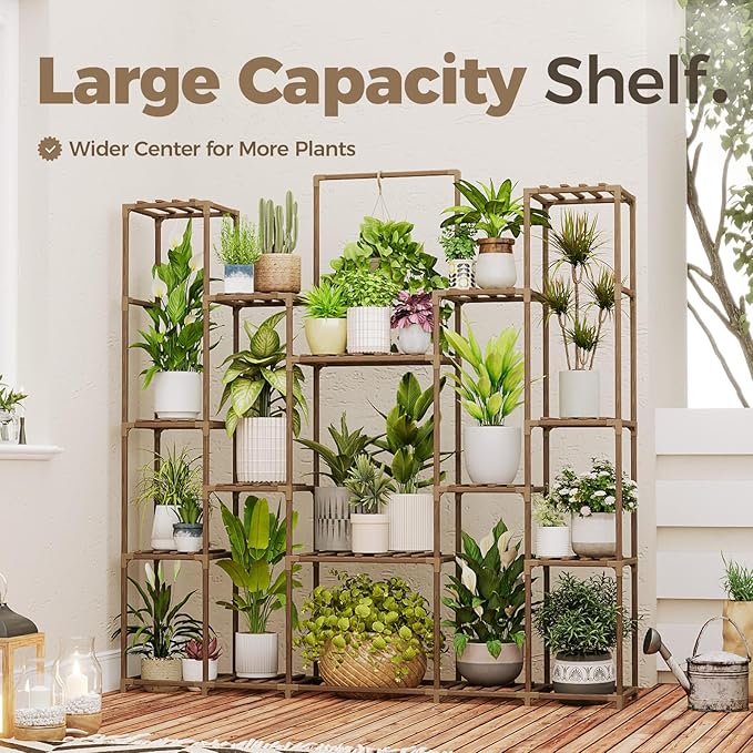 Bamworld Plant Shelf Indoor Hanging Plant Stand Outdoor Large Plant Shelves Tall Flower Holder wooden plant stand for Multiple Plants Plant Rack for Living Room Balcony Decor Garden Clearance Deals 17 Pots Plant Table