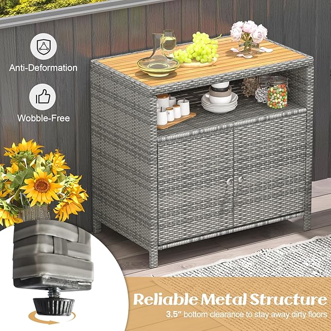 Tangkula Rattan Outdoor Storage Cabinet, Patiojoy Outdoor Cabinet with Acacia Wood Countertop, Open Compartment, 2-Door Wicker Sideboard, Outdoor Bar for Patio Garden Backyard Poolside (Mix Grey)