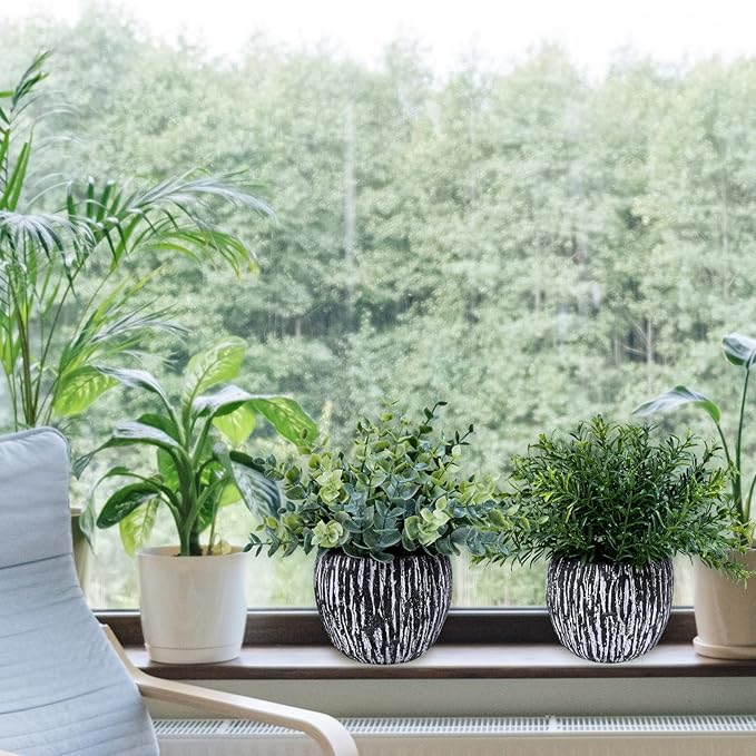 Winlyn Set of 3 Artificial Potted Plants Faux Eucalyptus Rosemary Boxwood Greenery in Black & White Concrete Pots Small Fake Plant for Indoor Outdoor Home Office Table Shelf Windowsill Greens Décor