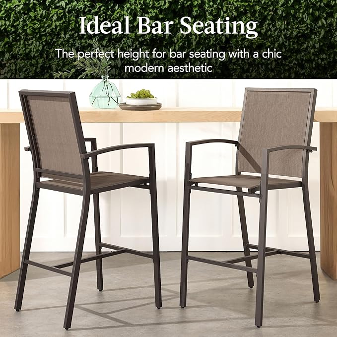 Best Choice Products Outdoor Bar Stools Set of 2, Bar Height, Patio Furniture, All Weather Mesh Design w/Armrest - Brown/Brown