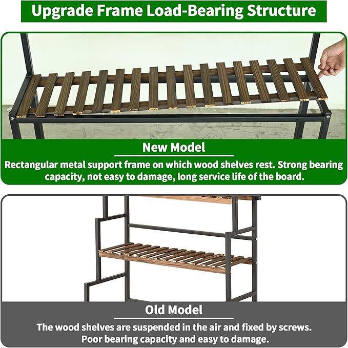 Large Plant Stand Indoor Outdoor, 3 Tier Heavy Duty Hanging Plant Stand with Bar, 60 Inch Tall Metal & Wood Ladder Shape Plant Shelf, Black Plant Display Rack Plant Shelves for Garden Patio Balcony