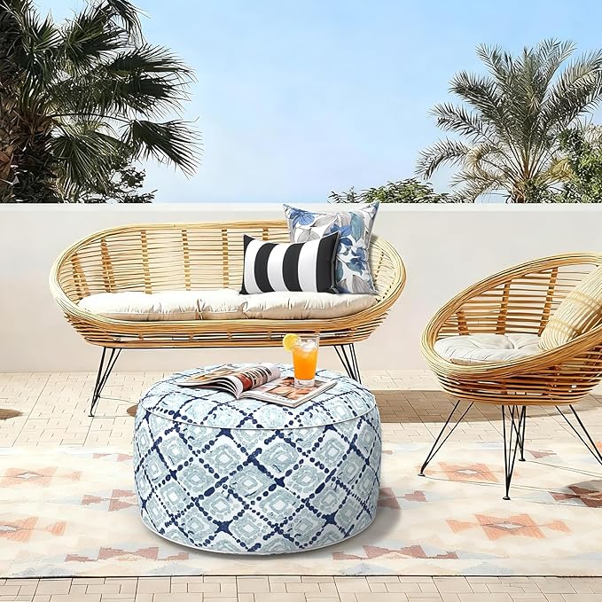 LVTXIII Outdoor Inflatable Ottoman, Fade-Resistant Round Footrest Stool D31”x H14”, Portable Patio Pouf for Garden Camping or Home Use, Boho Geometry Blue