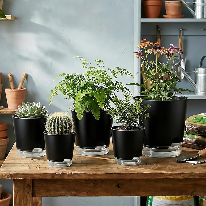 GARDIFE 2026 Upgraded Self Watering Plant Pots with Drainage Hole, 8/7/6.5/6/5.5/5/4 Inch Flower Planting Containers for House Plants, African Violet, Flowers, Cactus (Black, 8+7+6.5+6+5.5+5+4 inch)