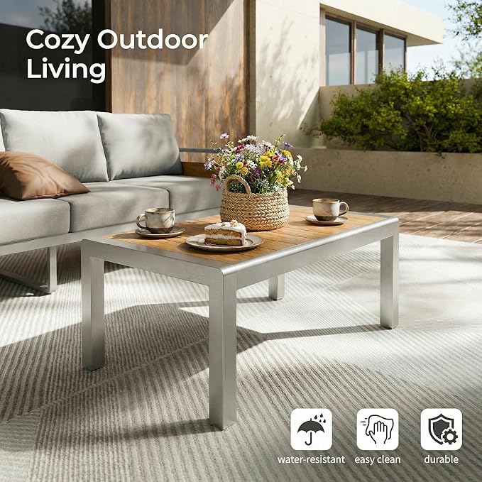 ZANDOR Aluminum Outdoor Patio Furniture - 1 Pcs 3-Seat and Coffee Table, All-Weather Metal Modern Outside Furniture with Washable Thick Cushion for Garden/Backyard/Porch, Silver