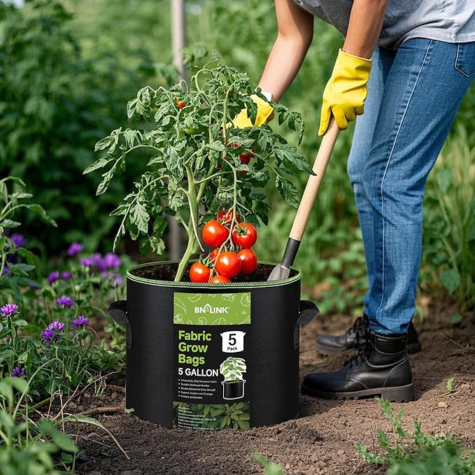BN-LINK 5-Pack 5 Gallon Grow Bags, Heavy Duty Aeration Fabric Pots with Handles, Thickened Nonwoven Plant Bags for Vegetables, Flowers, Fruits