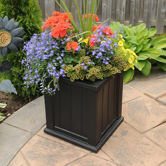 Mayne Cape Cod 16-Inch Square Planter – Self-Watering, Weather-Resistant Planter for Flowers – Durable Outdoor Design for Patio, Porch, or Entryway