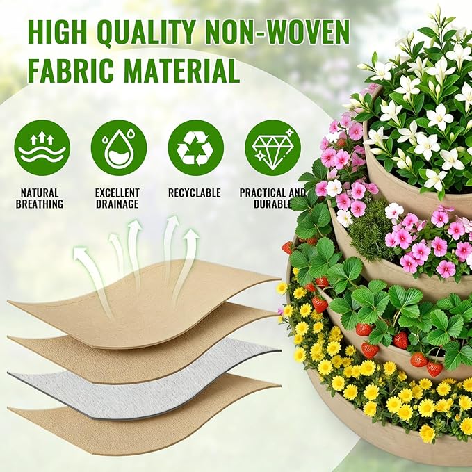 4 Pcs Plant Grow Bags 4 Tiered Strawberry Planter Tower Fabric Raised Garden Beds, 39 Inch Nonwoven Strawberry Pyramid Planter for Vegetables Flower Herbs Gardening Outdoor Growing (Khaki)