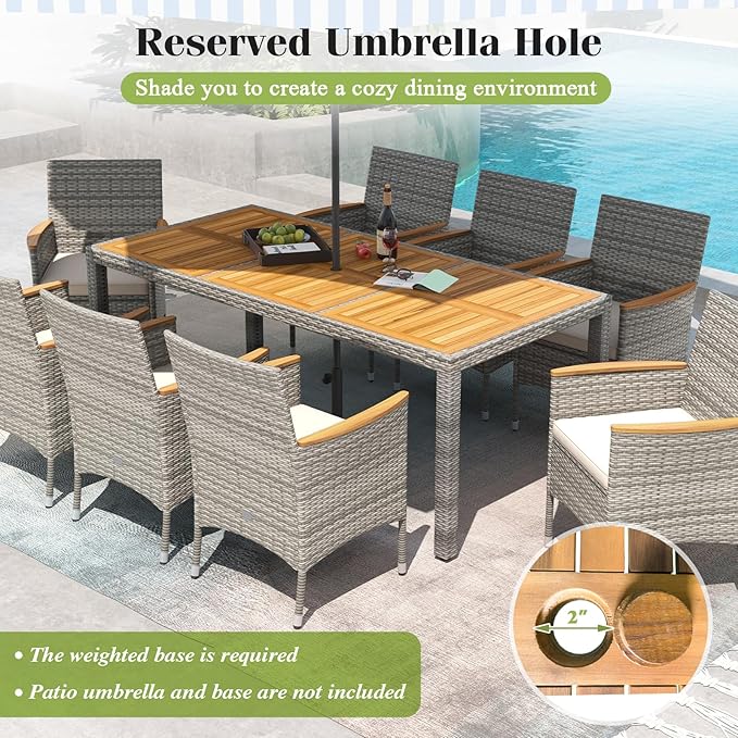Tangkula 9 Pieces Patio PE Wicker Dining Set, Outdoor Acacia Wood Table and Chairs for 8 with Cushions and 2" Umbrella Hole, Outdoor Dining Furniture Set for Deck, Garden and Yard (Mix Grey+White)