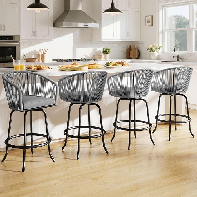 DWVO Outdoor Counter Height Bar Stools Set of 2, Patio Swivel Bar Chairs with Soft Cushions, 360° Rotation, Bar Height Rattan Chairs for Backyard, Poolside, Garden, Gray