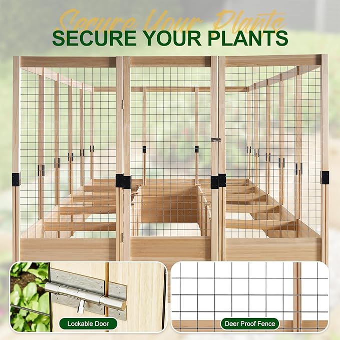 AMERLIFE Raised Garden Bed with Deer Proof Fence, 7.5Wx20Dx6H Outdoor Wooden Raised Garden Bed Planter with 19" Depth Planter Box
