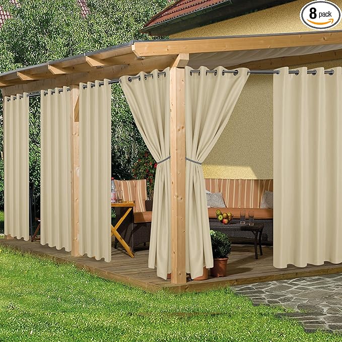 HolidayIdeas Outdoor Curtains for Patio Waterproof, 8 Panels - 54x95 Inches - Weatherproof Privacy Outsides Curtains for Cabana Porch Pergola, Sunlight & UV Blocking (Cream, Grommet Top)