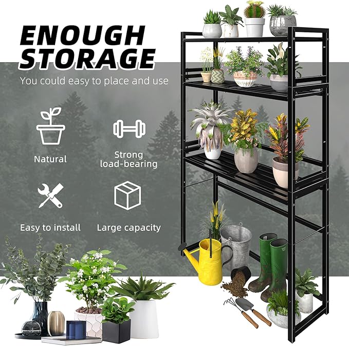 3-Tier Metal Plant Stand, Heavy Duty Waterproof Indoor Outdoor Stackable Shelf, Tall Flower Pot Holder & Display Rack for Garden, Black