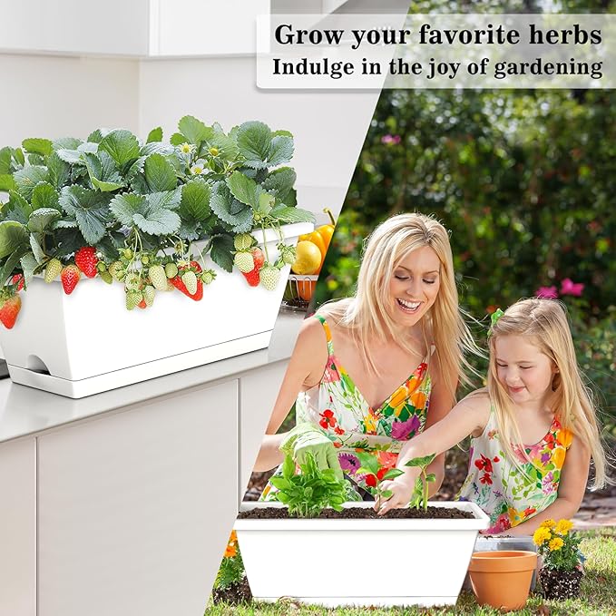 8pcs Rectangle Window Boxes Planters, 17 Inches Long Window Sill Planter Box Outdoor, Plastic Rectangular Window Flower Herb Pots Indoor with Drainage Holes and Trays for Garden Windowsill