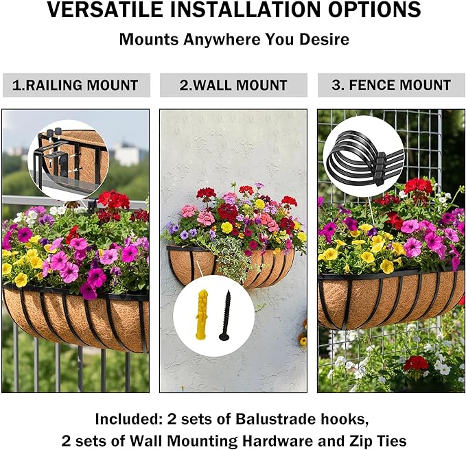 16“ Window Box Railing Planter with Coco Liner Metal Wall-Mounted Coconut Liner Planter Basket English Horse Trough Planters for Outdoor Deck Balcony Porch Fence Patio Black (2 Pack)