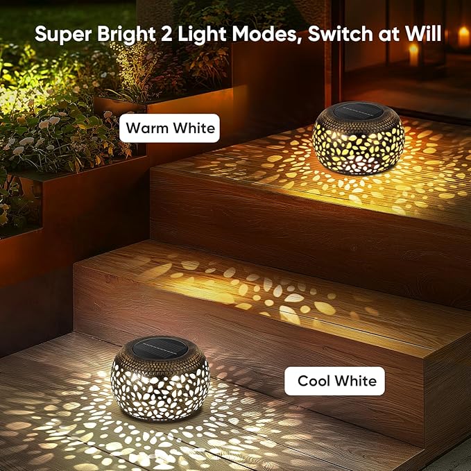 Solar Lantern Outdoor Patio Decor: 4 Pack Solar Lanterns Outdoor Waterproof, Hollow Out Retro Metal Solar Lights, Yard Porch Garden Balcony Indoor Desk Bedroom Tabletop Decorations, 2 Lighting Colors