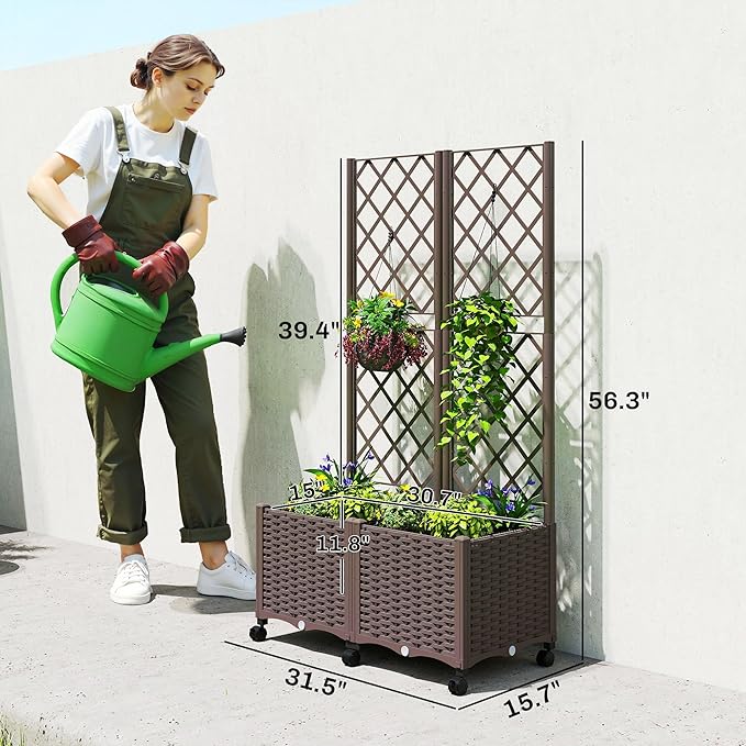 Outsunny Planter Box with Trellis, Self Watering Raised Garden Bed with Lockable Wheels, 56.3" Trellis Privacy Planter with Drainage Holes for Climbing Plants, Vines, Vegetables, Flowers, Brown