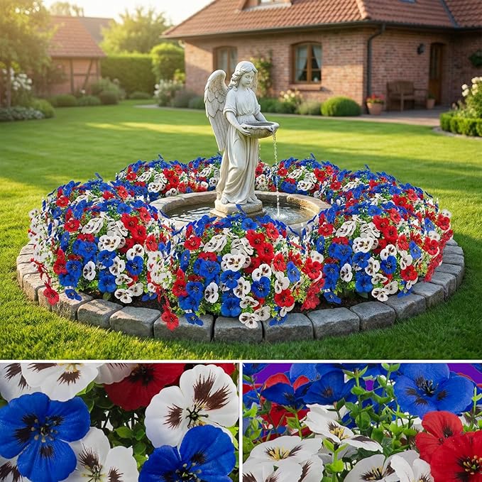 18 Pcs Artificial Fake Pansy Flowers for Outdoor, UV Resistant Faux Silk Pansies Patriotic Flowers for Outside for Planter Front Door Porch Patio Window 4th of July Home Decor (18, Red, White, Blue)