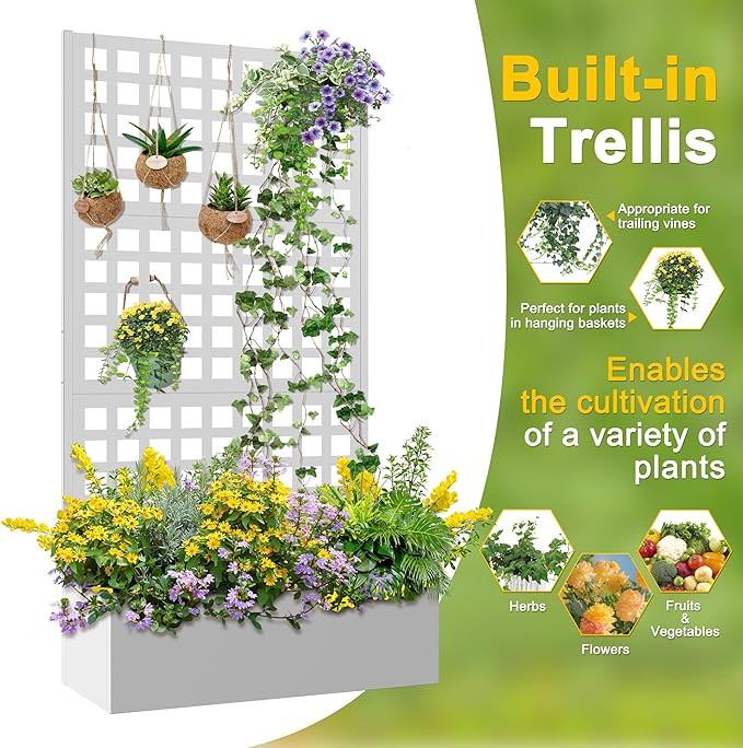 FENCY Metal Raised Garden Bed with Trellis, Planter Box with Trellis, Garden Box for Climbing Plants Vegetable, 35''Lx16''Wx71''H Metal Garden Bed with Drainage Holes(White)