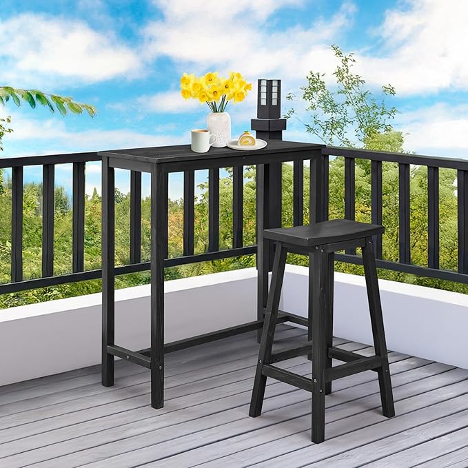 VINGLI Wooden Outdoor Bar Table, Wood Patio Counter Height Table, Weather-Resistant Patio Pub Table for Garden, Balcony, Poolside, Backyard, Indoor Use (Black, 39")
