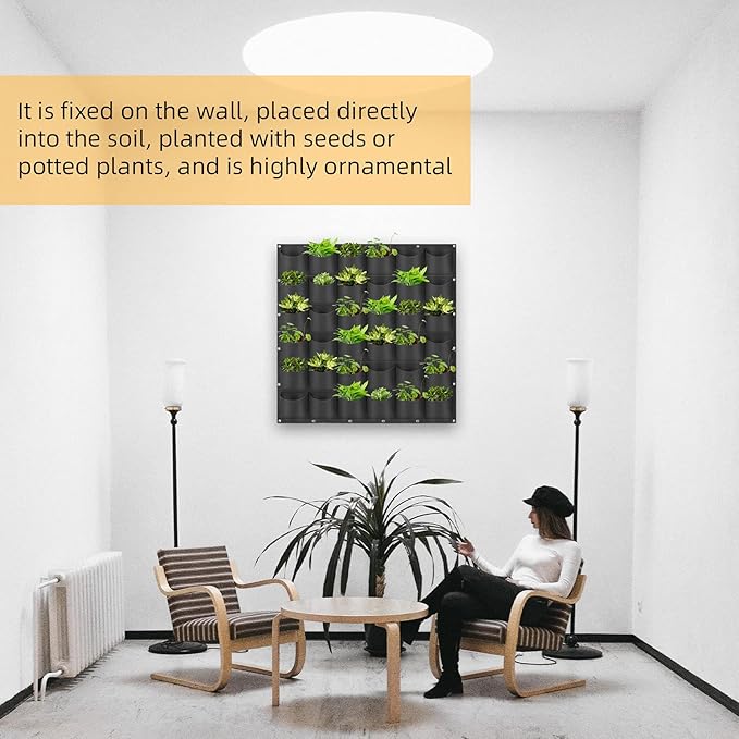 Hanging Planting Grow Bags, 36 Pockets Hanging Vertical Wall Planter Wall Mounted Grow Bag Outdoor Indoor Gardening Vertical Greening Flower Container, Planting Bags Storage Bags(1.0 m × 1.0 m, Black)