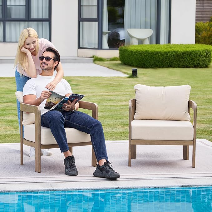 Outdoor Furniture Set, 2Pcs Patio Armchairs, Metal Modern Outside Furniture with 6'' Thick Cushions, Outdoor Conversation Set Balcony Chairs for Backyard, Porch,Deck, Beige