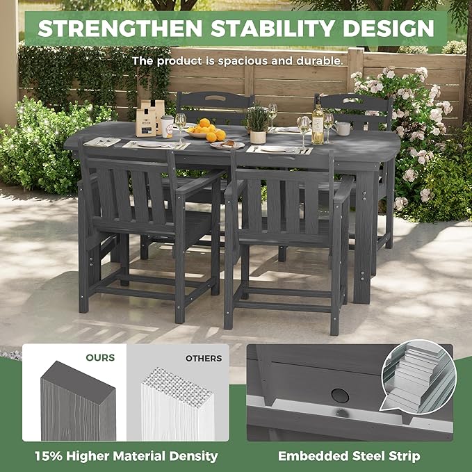 HDPE Outdoor Patio Dining Set with Table & 4 Chairs, All-Weather 5-Piece Outdoor Table and Chairs, 2" Umbrella Hole, Patio Furniture for Garden, Backyard, Deck | Grey