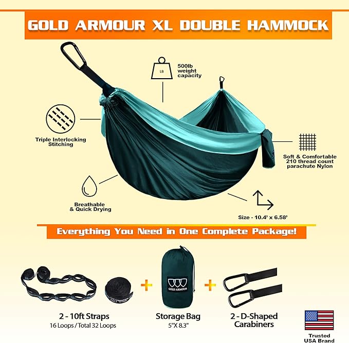 Gold Armour Camping Hammock - XL Double Hammock Portable Hammock Camping Accessories Gear for Outdoor Indoor with Tree Straps, USA Based Brand (Turquoise and Seafoam)